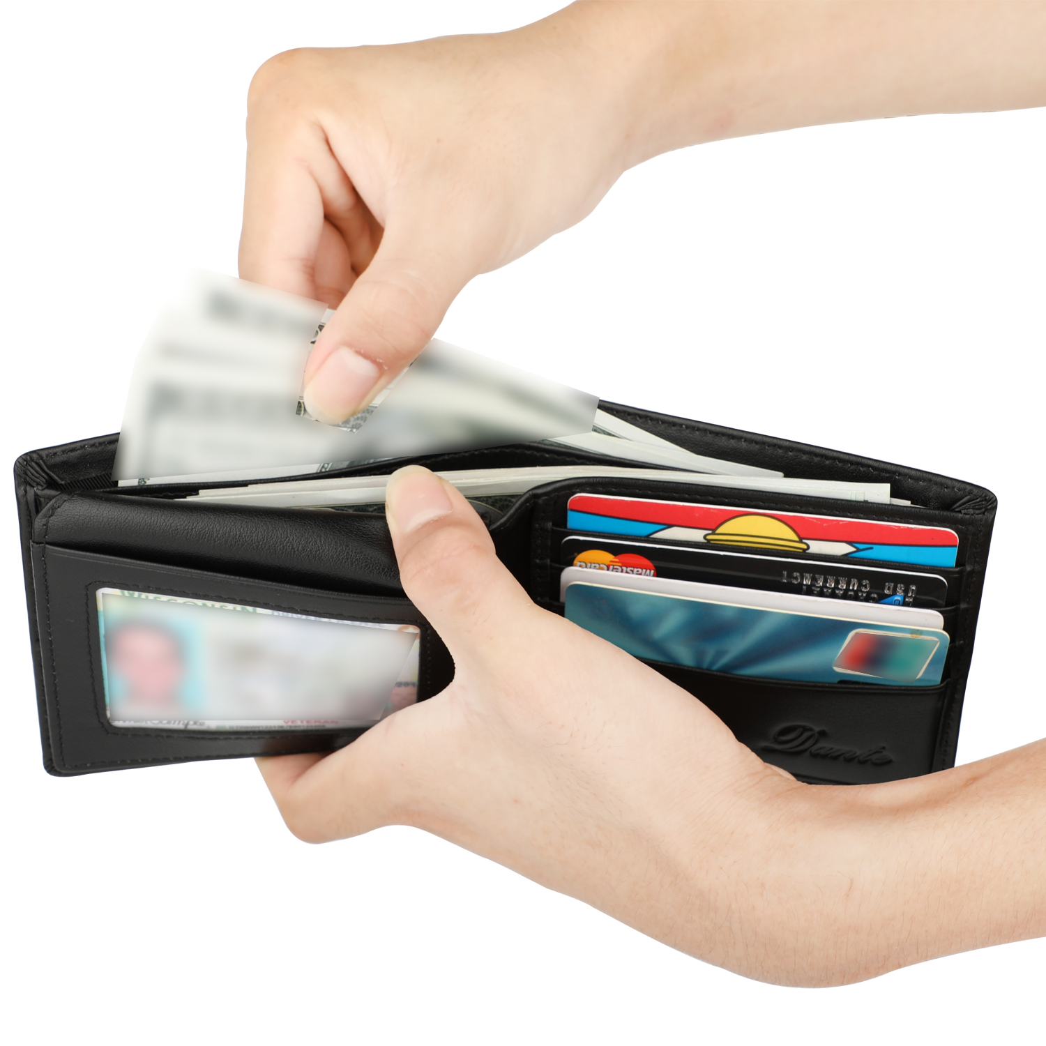 RFID Blocking Cowhide Leather Bifold Wallet For Men With 2 ID Windows Black. 