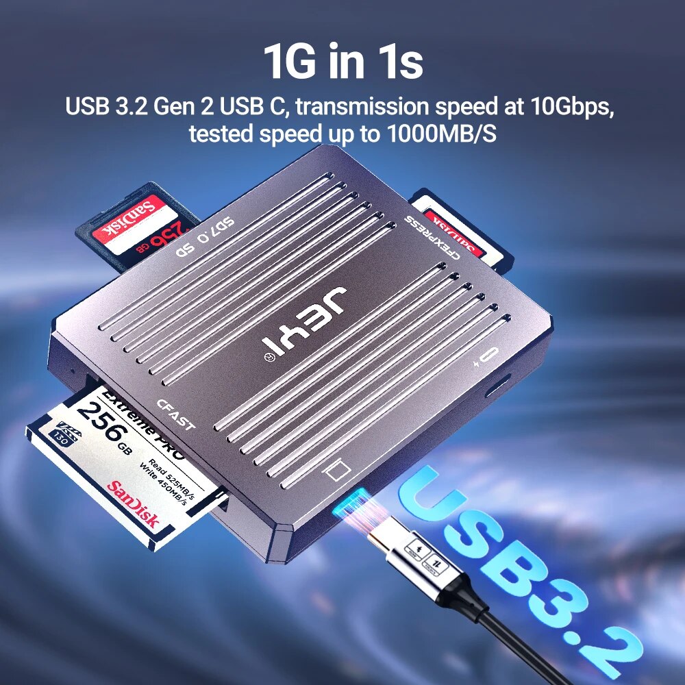 JEYI USB3.2 10Gbps SD/CFast/CFE 3 in 1 Card Reader, Read CFexpress Type B Card / CFast Card and SD 7 / SD Card Simultaneously. 