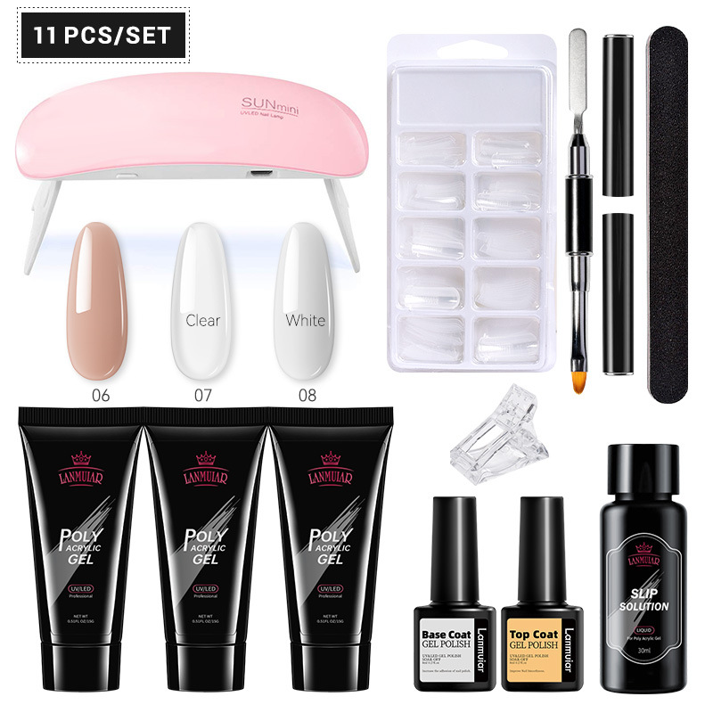 Lanmuiar 11pcs set 3 Color Polygel Nail Kit Nail Builder Kit Nail Extension Kit with UV Lamp Top Coat Base Coat All-in-One for Nail Starter Different Nail Art Ideas DIY Home Manicure. 