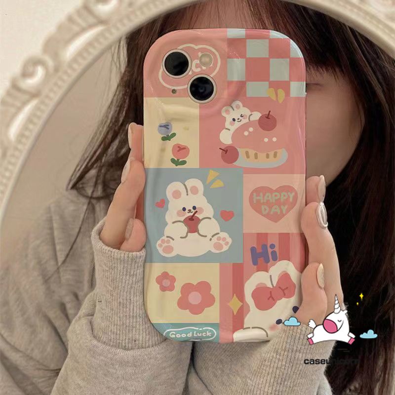 Colored Plaid Bear Rabbit Case For Realme C53 C35 9i 11 5 6i C15 C12 C25 C17 8i 5i 7 5s C11 C17 C55 C51 C30 C25Y C21 C25s C20 C31 C21Y C33 C3 Bunny Doodle 3D Soft Cover. 