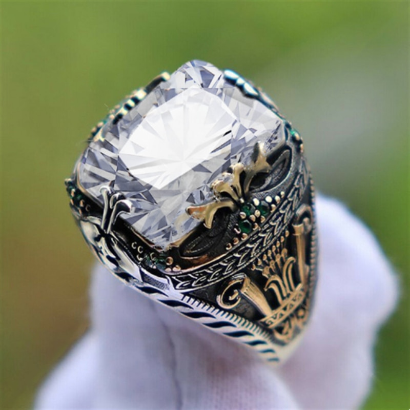 Retro Handmade Turkish Signet Rings for Men Ancient Silver Color Carved Ring Mystic Zircon Inlay New Punk Motor Biker Ring. 