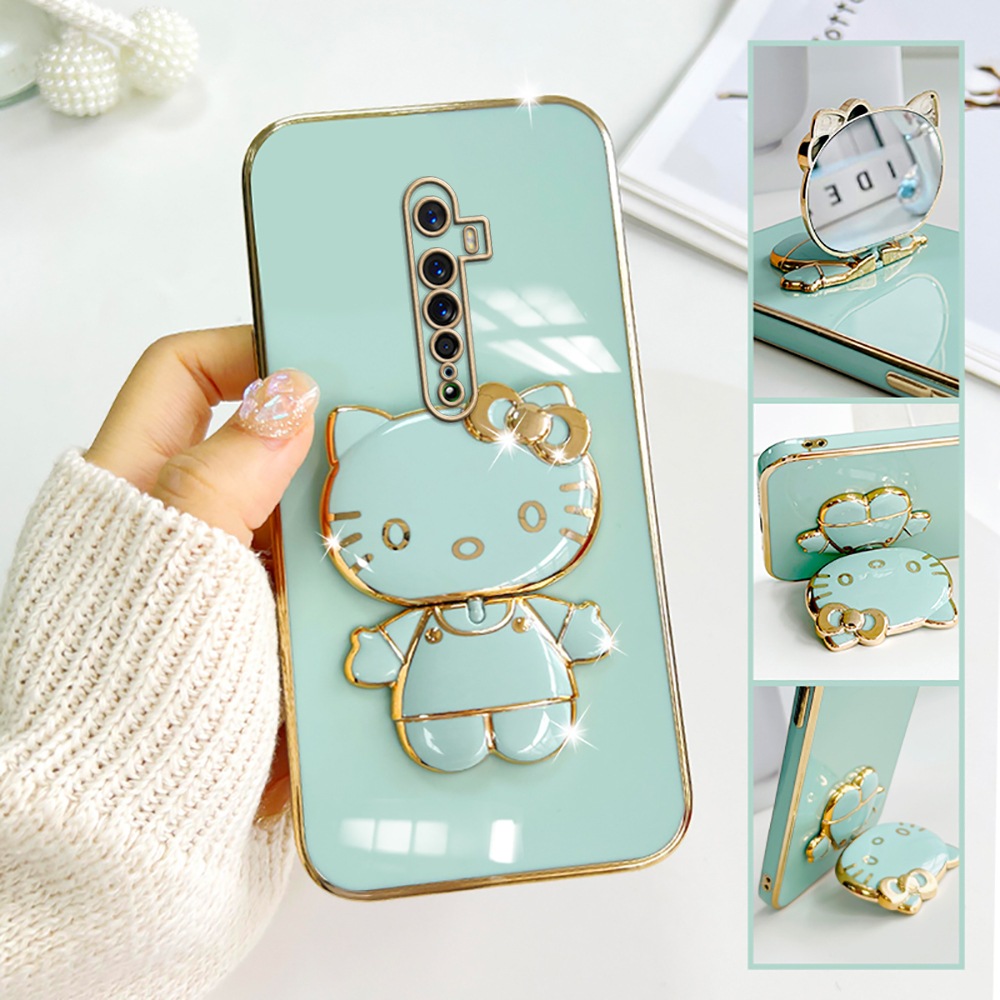 Hontinga for OPPO Reno 2 BBack Cover + Makeup Mirror Lovely Folding Bracket Case For Gilrs Luxury 6D Plating Soft Silicone Phone Cases