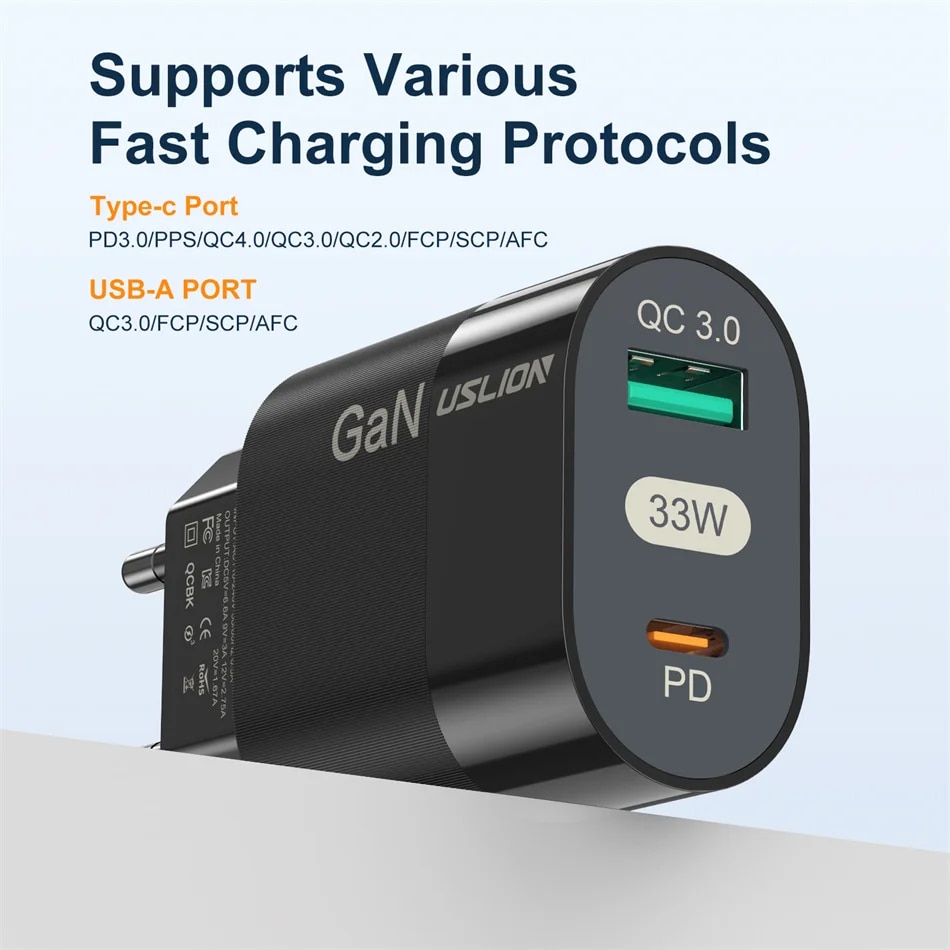 USLION Korea Plug USB C Charger 33W GaN Type C PD Fast Charging For iPhone 15 14 13 12 11 Pro Max For iPad Pro Air iPad Samsung. 