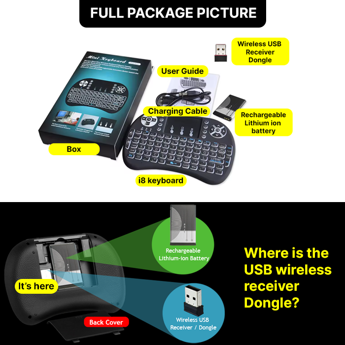 I8-B Wireless Rechargable Backlit Mini Keyboard With Touchpad Mouse - For Android Tv Box / Smart Tv Box - Keyboard - Wireless Keyboard RGB Lighting. 