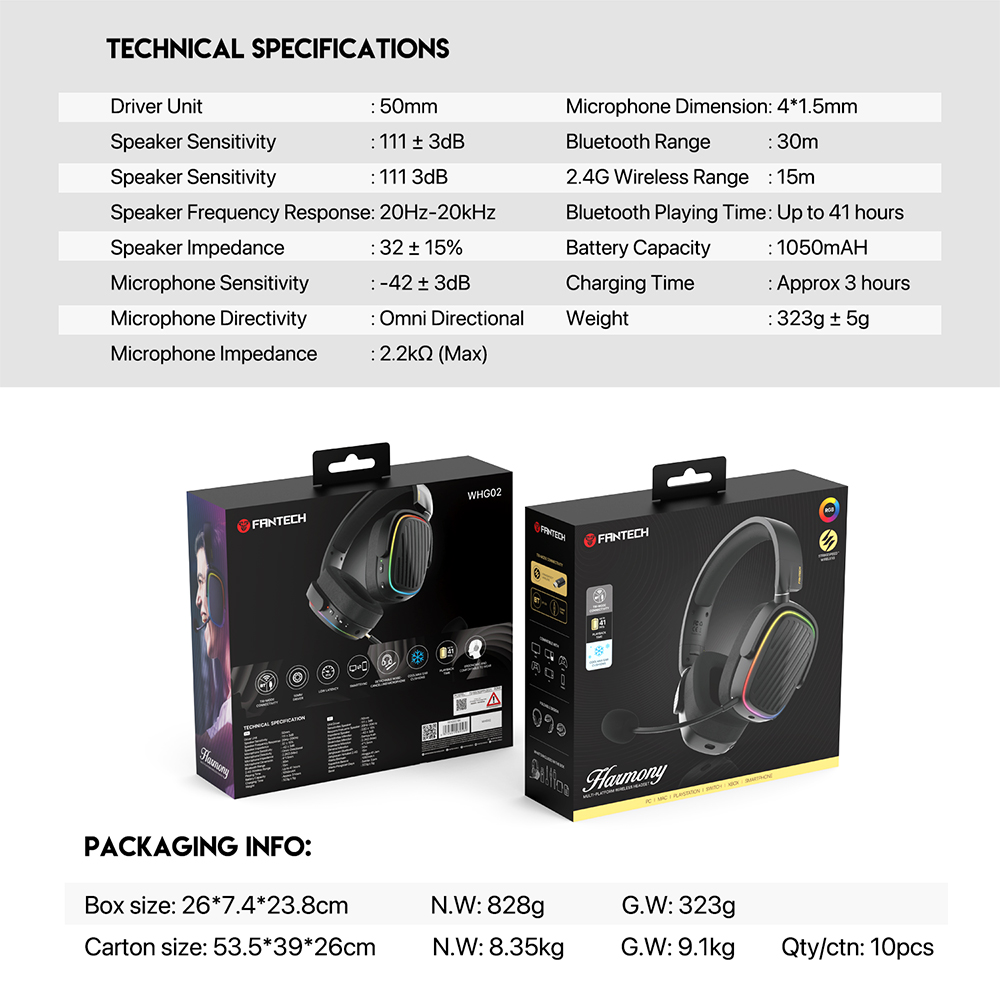 FANTECH WHG02 Harmony Wireless Headset Tri-mode Connections With Noise Cancellation & Mute Buttons Microphone Headphones. 