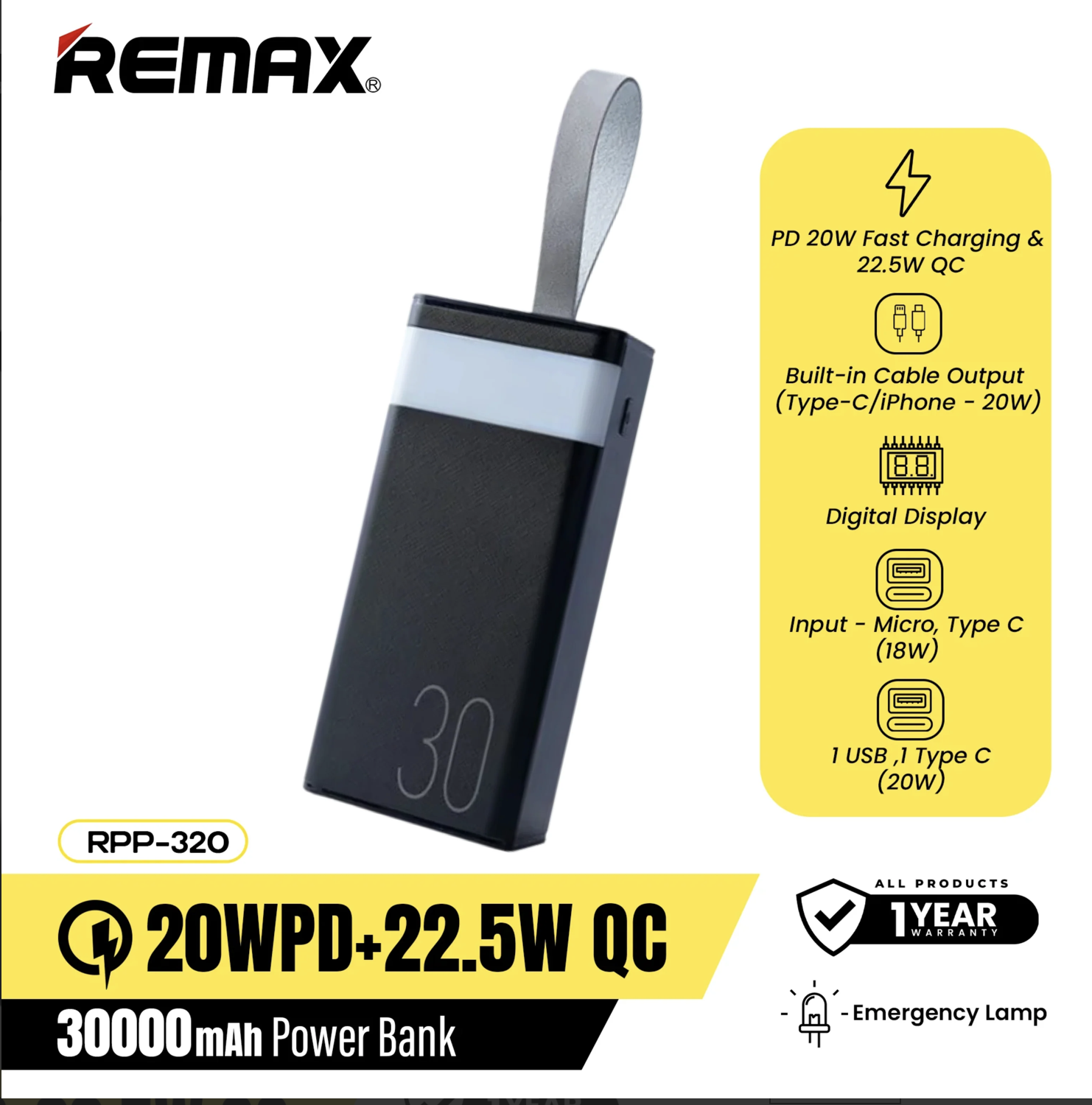 Remax RPP- 320 30000 mAh 20W+22.5W Super Fast Charging Powerbank  With Camping LED Light. 