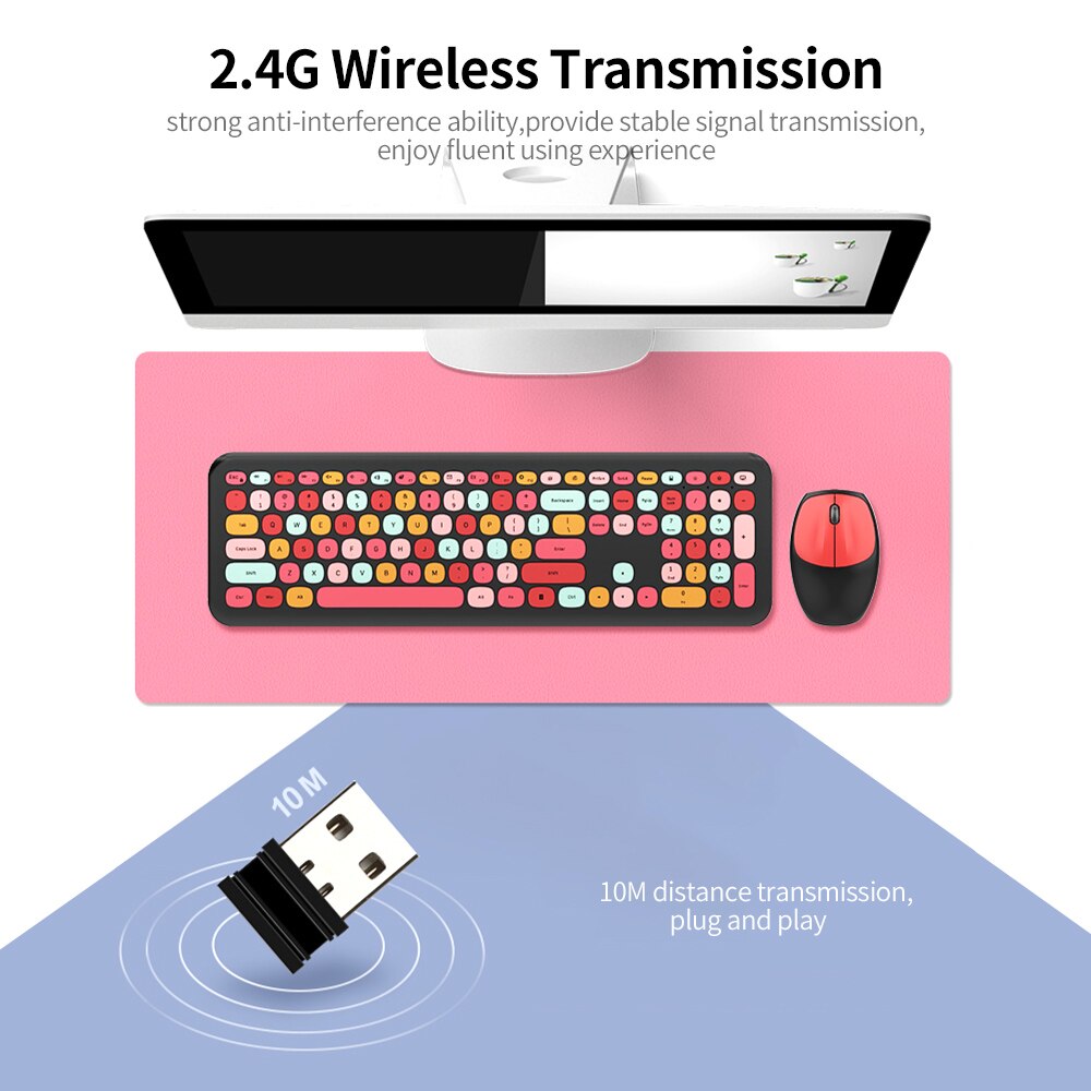 Mofii 666 Keyboard Mouse Combo Wireless 2.4G Mixed Color 110 Key Keyboard Mouse Set With Round Punk Keycaps For Girl Purple. 