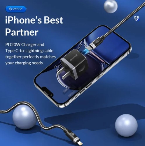 ORICO Charger PD 20W Type-C Charger Set with Lightning Cable Fast Charger for iPhone 14 13 13 12 11 Series. 