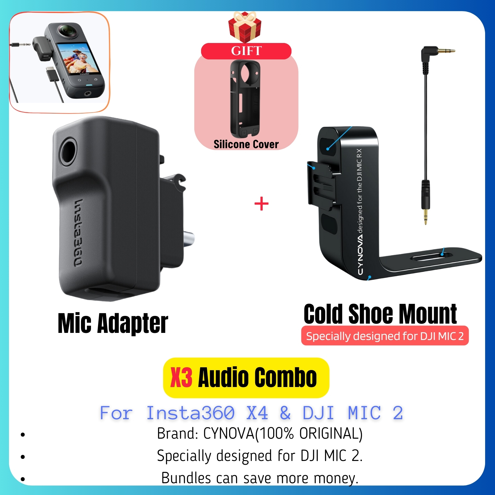 CYNOVA For Insta360 X4 Cold Shoe Mount Audio Mic Adapter Microphone Receiver Holder For DJI Mic2 RX Insta 360 X4 X3 Accessories. 