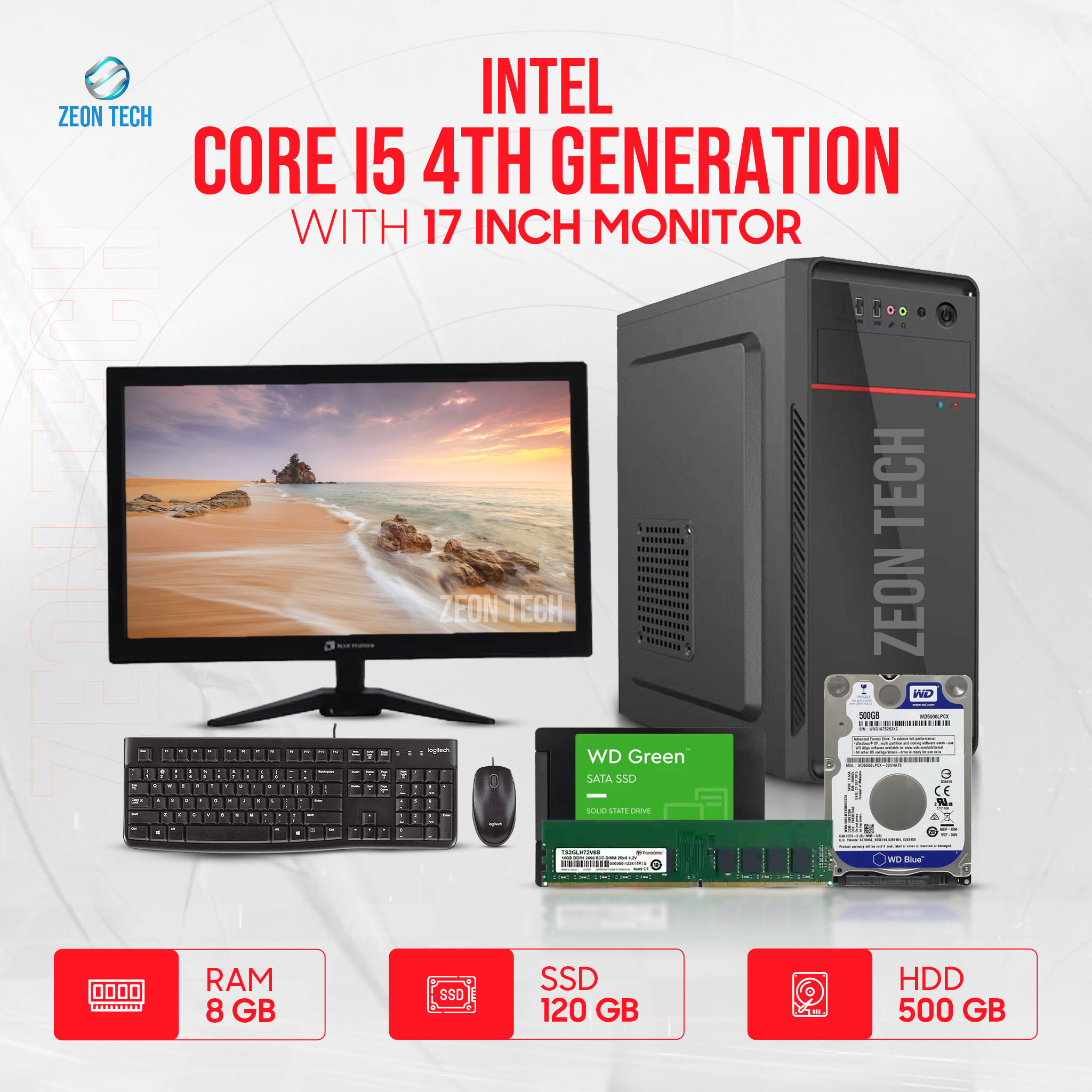Intel Core i5 4th Generation RAM 8GB SSD 120GB HDD 500GB Graphics 2GB Built in Gaming PC Win 10 64 Bit And '17 inch Monitor'  New Full Desktop Computer