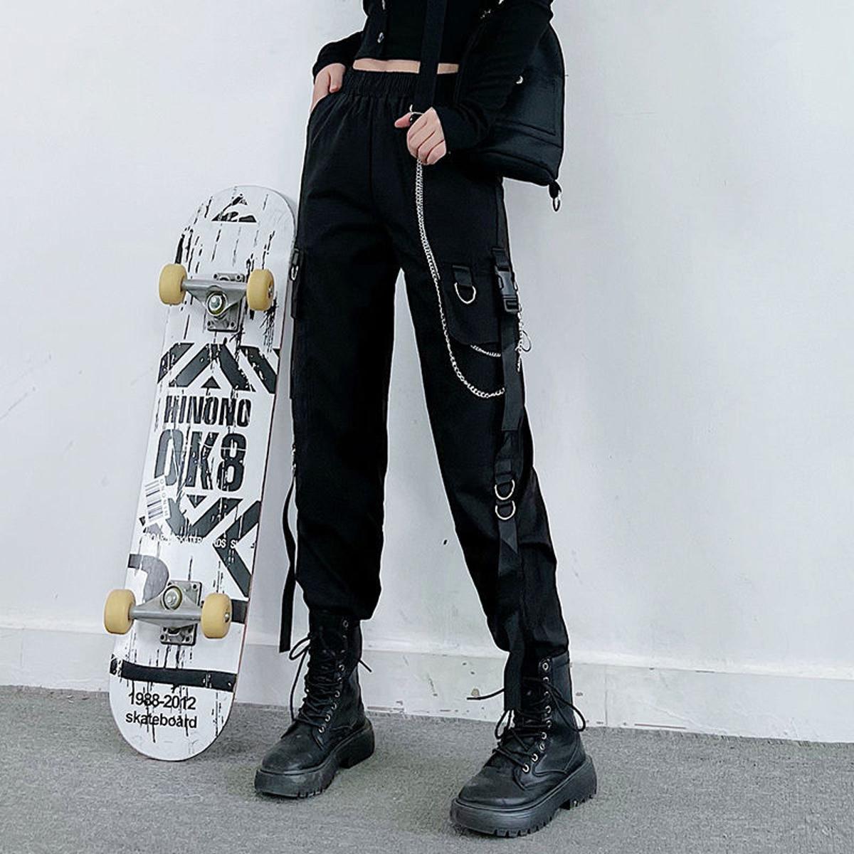 Black Cargo Pants Women Chain Wide Leg Hiphop Streetwear Women Pants Loose  Female Baggy Oversize Korean Style Trousers