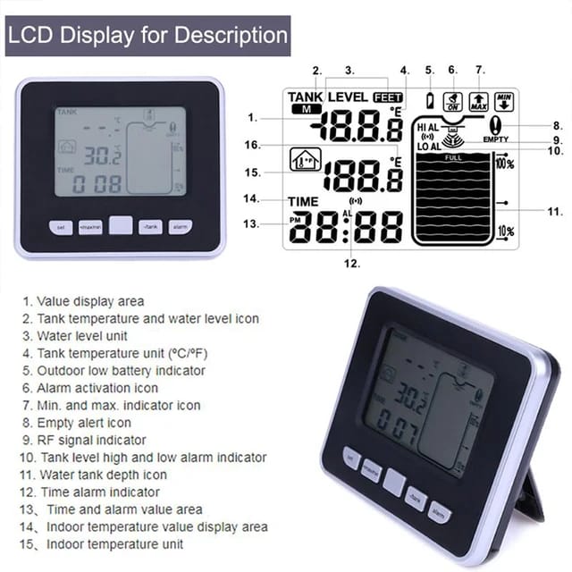 Ultrasonic Wireless Water Tank Liquid Depth Level Meter Sensor LED Display Black & White TS-FT002. 
