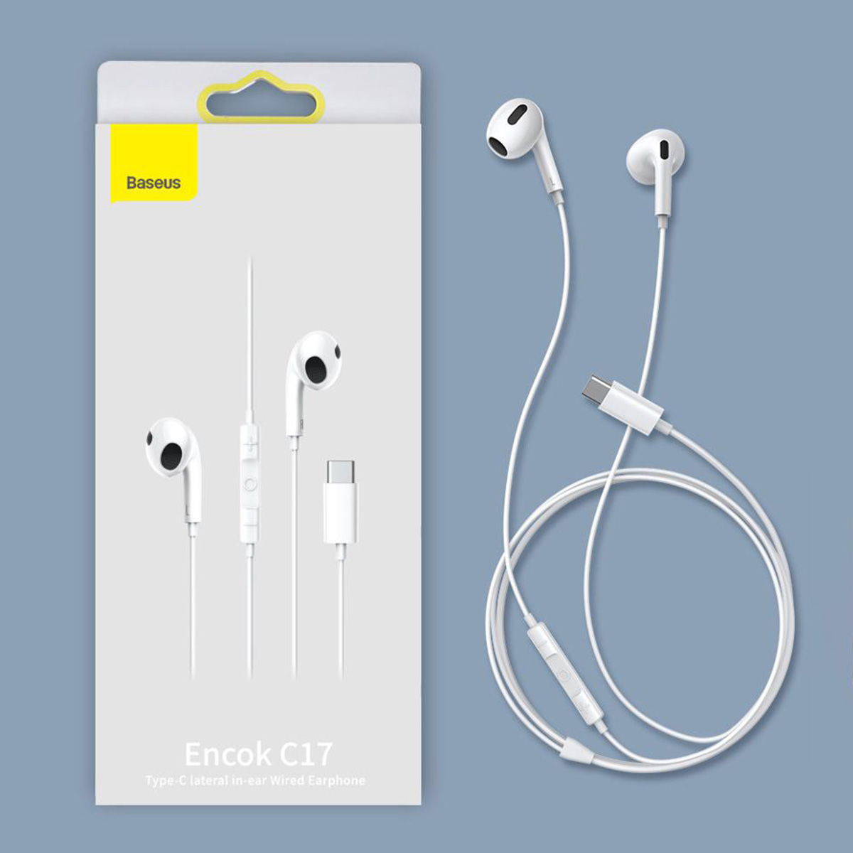BASEUS Encok Type-C Wired Earphone - C17 Model - White - High-Quality Sound