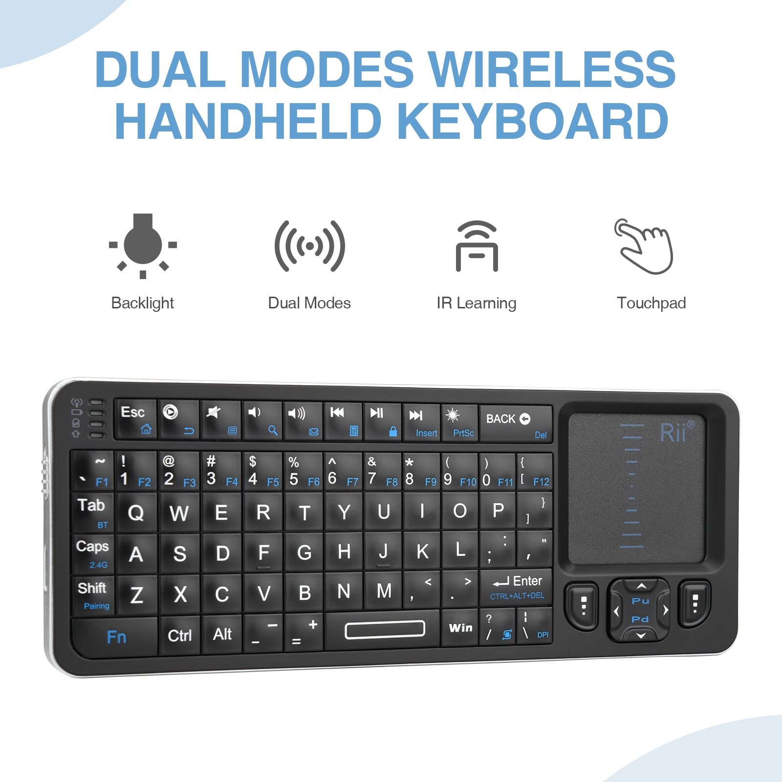 Rii K06 Mini Bluetooth Keyboard,Backlit 2.4GHz Wireless Keyboard with IR Learning Touchpad Android TV Box， Mac, Laptop, Windows. 