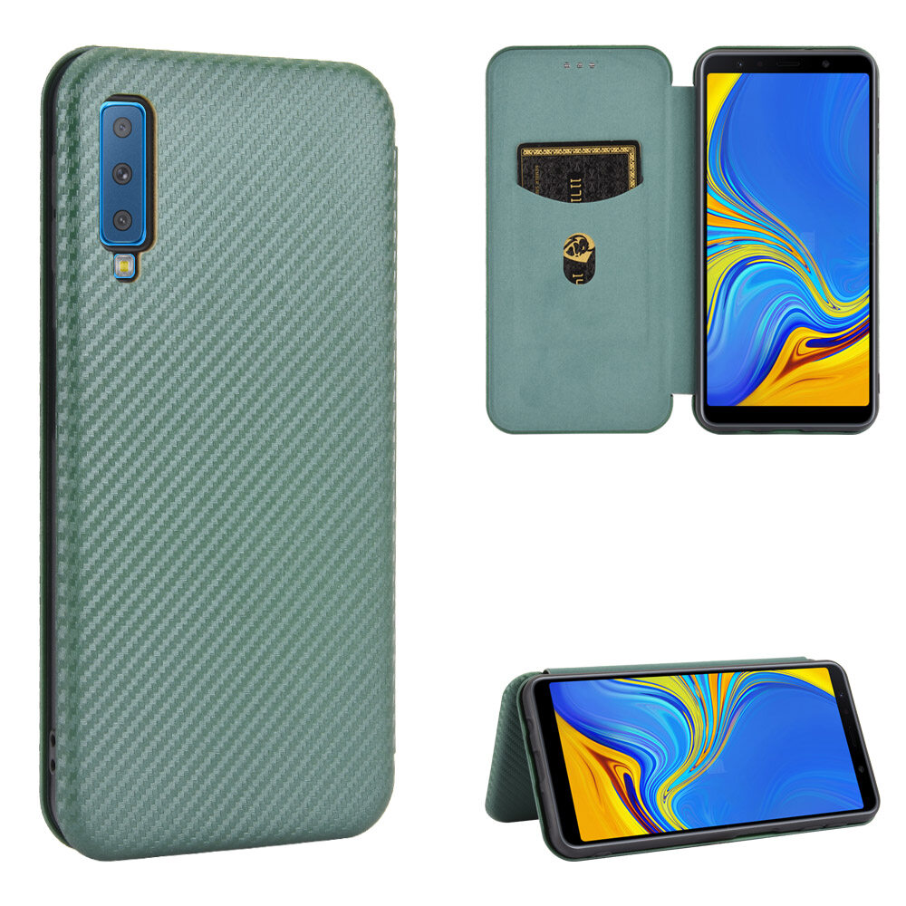 lthmy for Samsung Galaxy A7 2018 Carbon Fiber Magnetic Closure with Card Slot Flip Case Cover