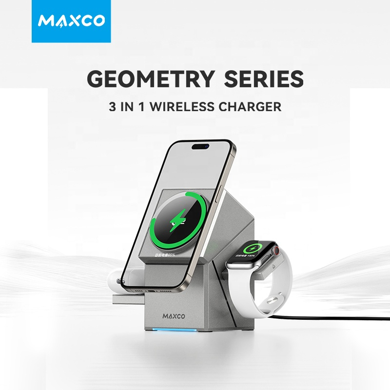 Maxco Qi2 Certified New Style Magnetic Wireless Charging 3 in 1 Portable Charger 15w for iPhone watch earbuds. 
