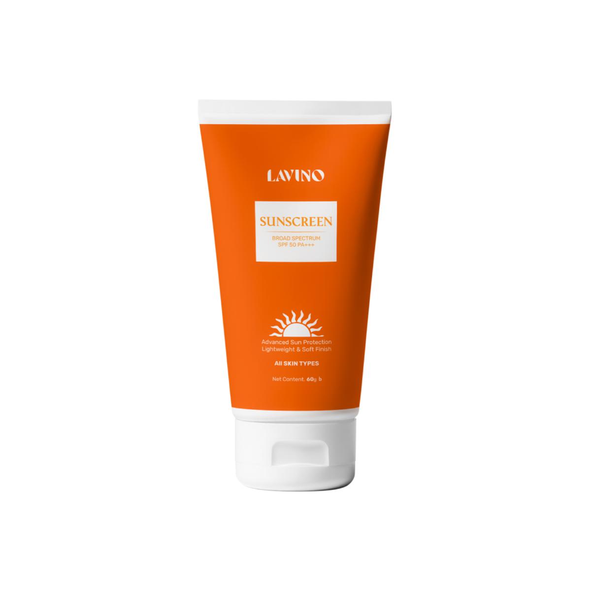 Lavino Sunscreen Broad Spectrum SPF 50 PA+++ advanced sun protection lightweight soft finish non-greasy anti-aging all skin types. 