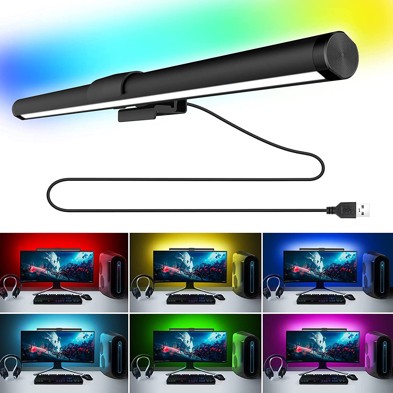 Wiscolor RGB LED PC Monitor Light Bar Computer Monitor Screen Hanging Light Stepless Dimming Eye-Care USB Atmosphere Table Lamp. 