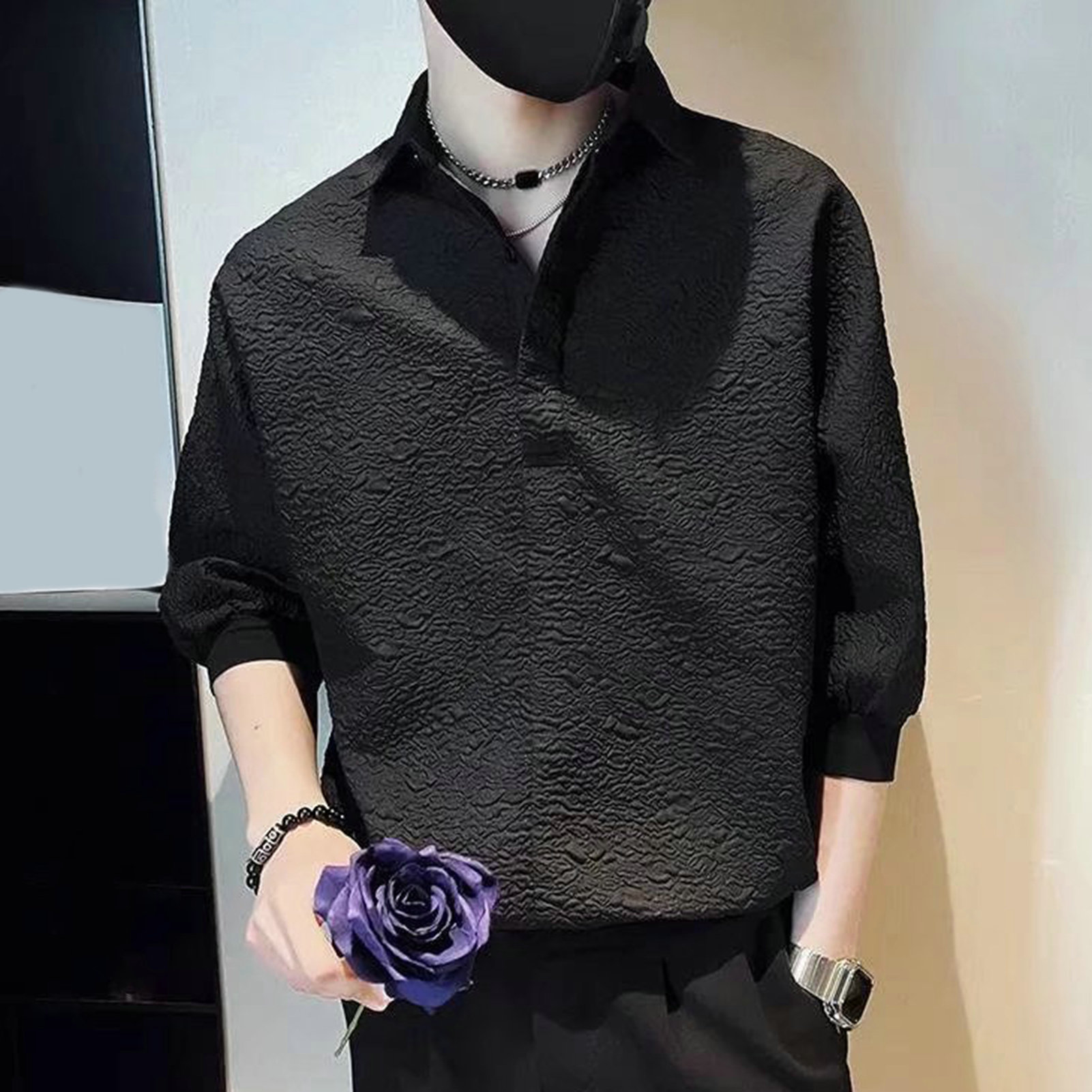 Men Shirt Solid Color Elastic Cuff Korean Style Men Shirt. 