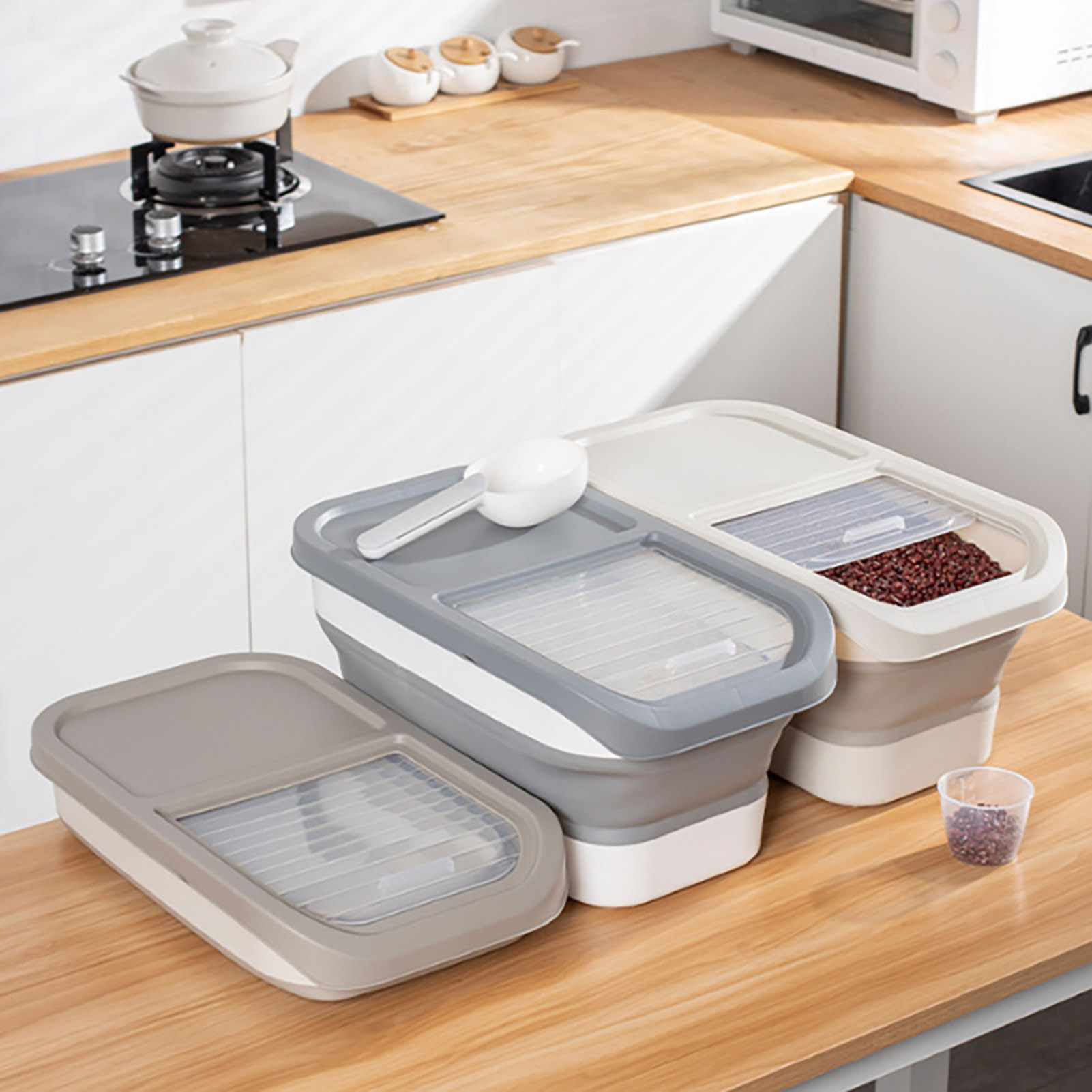 Rice Bin Large Capity Rice Storage Box with Measu g Cup Dustproof Moisture-proof Container for Ce Beads er Foldable Design with Transparent Sliding Lid Rice Storage Container. 