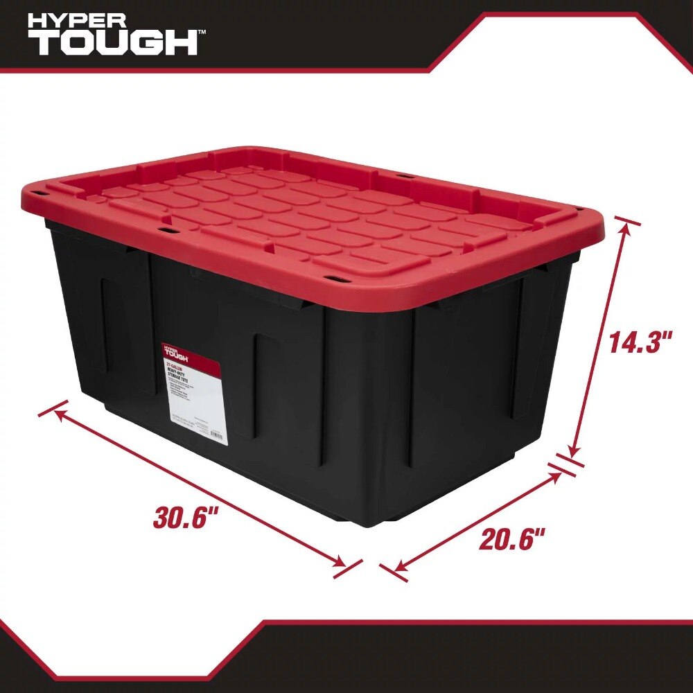 Hyper Tough 27 Gallon Stackable Snap Lid Plastic Storage Bin Container, Black with Red Lid, Set of 4. 