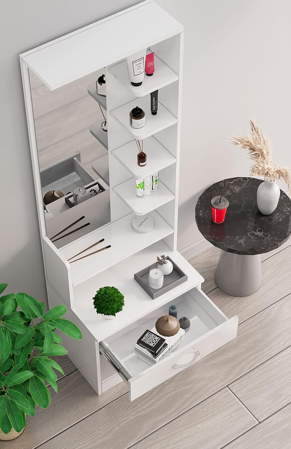 Bniture Dressing Table for Bedroom with 1 Drawer, Mirror and Huge Storage Space | Long Dresser Vanity Table with Mirror | 5 Year Warranty(Frosty White)72/24. 
