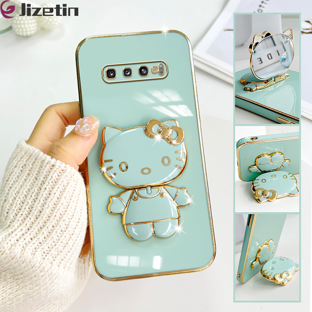Jizetin for Samsung S10 Back Cover + Mirror + Hello Kitty Bracket 360 Rotation Luxury Plating Fashion Holder Phone Cases
