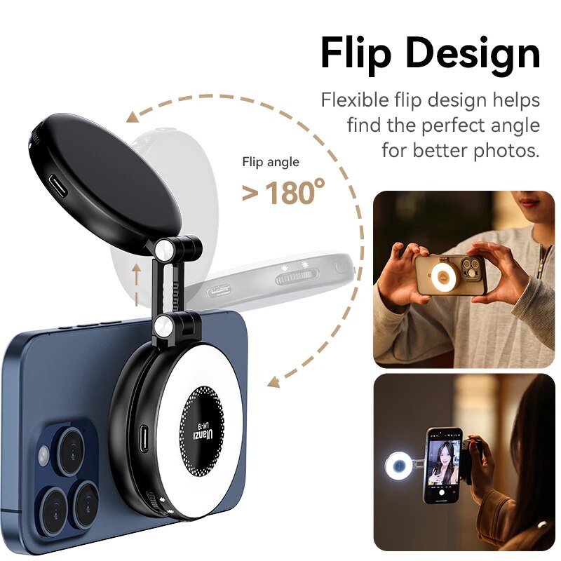 Ulanzi LM19 MagSafe Video Light Bi-Color Selfie Light for iPhone 15 14 13 Pro Max Flip Fill Light As Phone Stand for Video Vlog. 