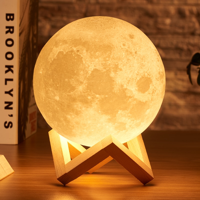 Remote control 3D Moon Light with Wood Stand & TouchingMoonlight table Lamp Rechargable - charger light. 