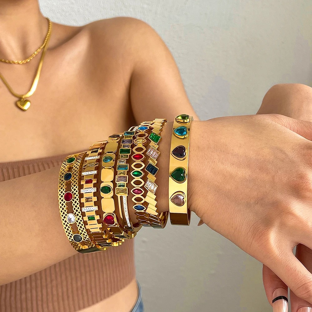 ALLYES Fashion Colored Rhinestone Zircon Stainless Steel Bangles Bracelets for Women Gold Color Waterproof Jewelry Gift. 