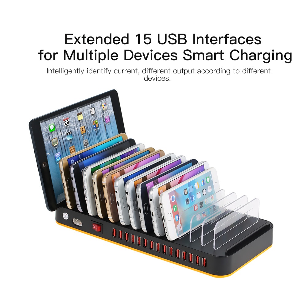 80W 15-Port Adjustable Dividers USB Charger Smart Charging Station Dock Multi Device Desktop Organizer Hub Stand with Intelligent IC Auto Detect Tech. 
