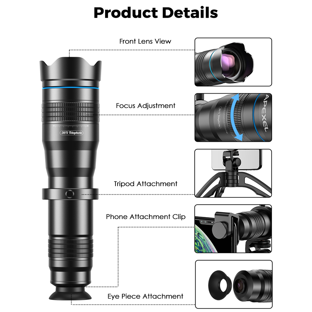 APEXEL HD 36X Phone Lens Camera Telephoto Zoom Monocular Telescope Lens + SelfieTripod With Remote Shutter For All Smartphones. 