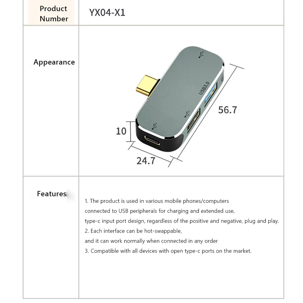 Multi-function 6 in 1 Type-C Hub 3.55mm Jack PD100W USB3.0/USB2.0/USB3.1 HDMI-Compatible USB Extender Hub. 