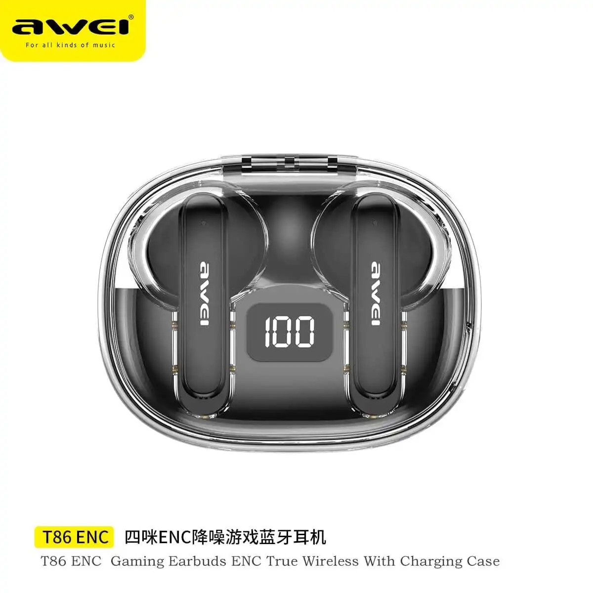 AWEI T86 ENC Noise Cancellation Bluetooth 5.3 Low Latency Digital Display True Wireless Gaming Earbuds. 