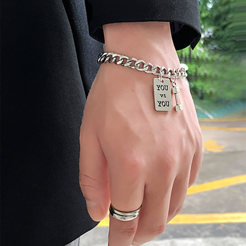 Korean version of small dumbbell men's bracelet, trendy, simple and personalized hand jewelry, hip-hop bracelet, student couple bracelet, Internet celebrity jewelry