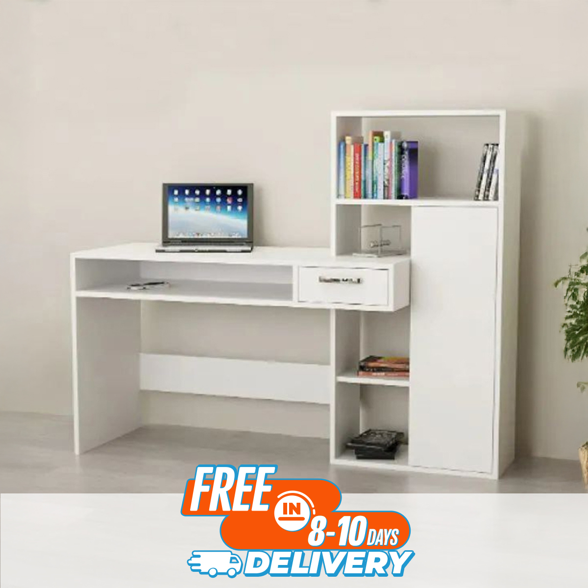 Home Office Computer Table Study Table | Laptop Desk With Shelves (White Color Finish) - Study Table