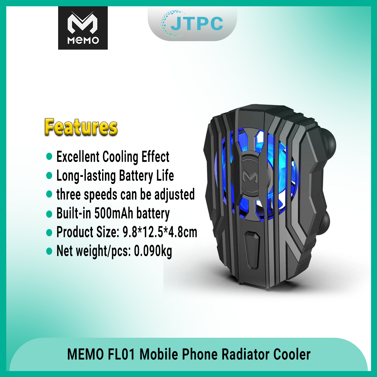 Memo FL01 Mobile Phone Radiator Cold Mobile Phone Cooler Controller Led Light Cooling Fan - Black. 