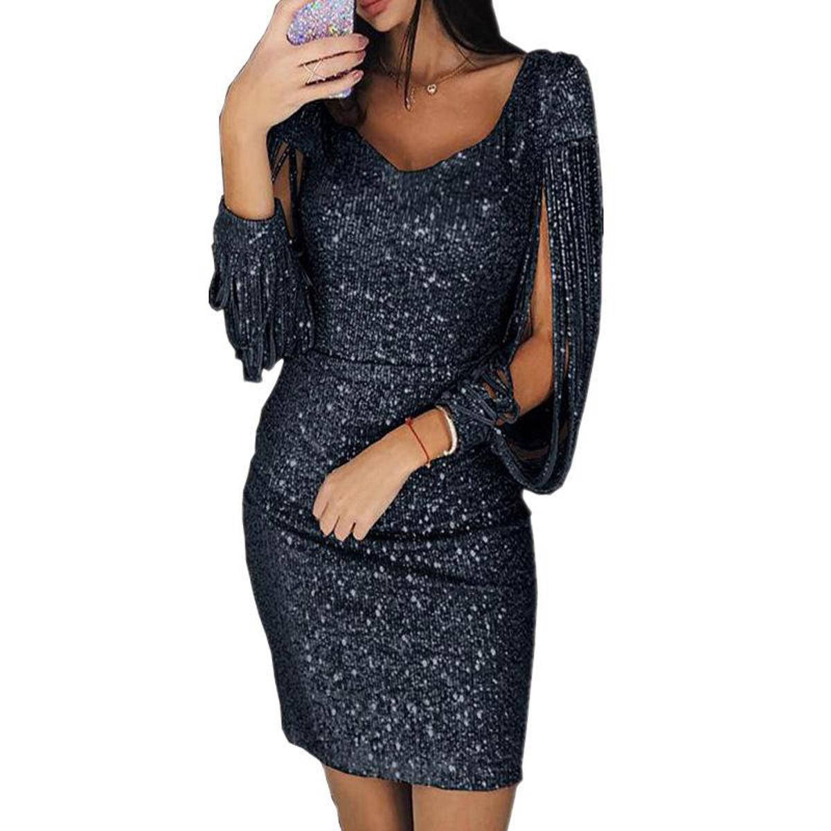 Sequin and tassel on sale long sleeve bodycon dress