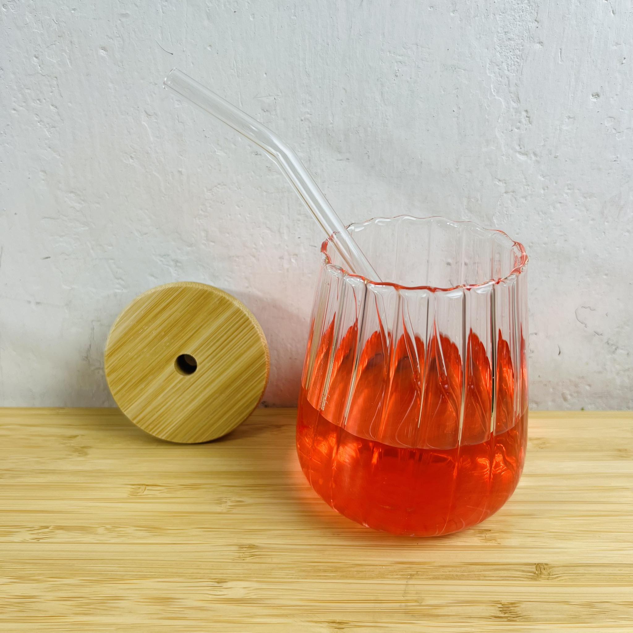 450ml Stripe Glass  Mason Jar wtih Bamboo Lid and Straw. 