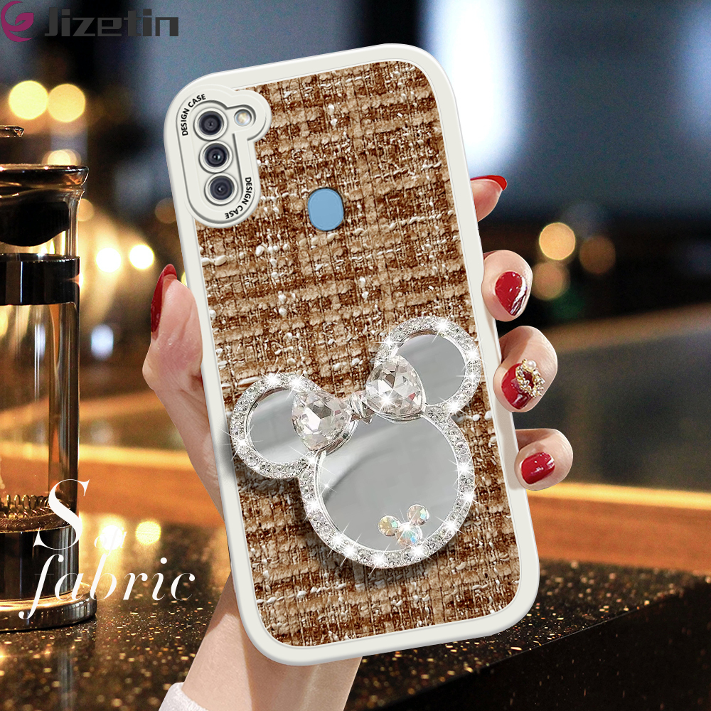 Jizetin for Samsung A11 / M11 Back Cover Shiny Bowknot Makeup Mirror Fabric Texture Back For Girls Soft Silicone Edge Phone Case