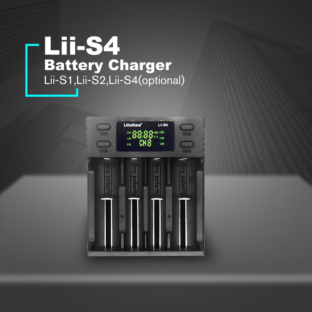 A Liitokala 18650 26650 21700 4 LCD Slots Display NiMH to the ion Battery Charger.. 
