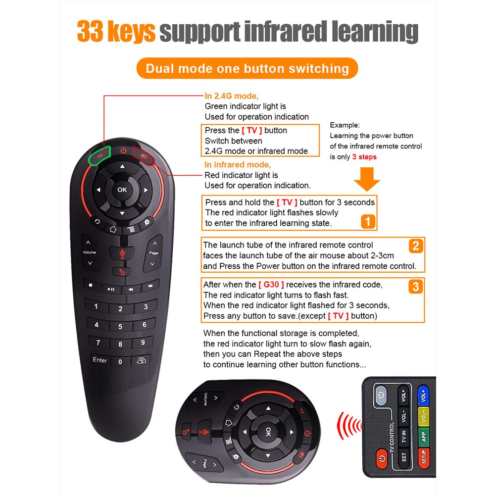 【The road to happiness Store】L8star G30 G30S Air Remote 33 Keys IR Learning RF 2.4G Wirless Keyboard control For Android 9.0 TV box Voice. 