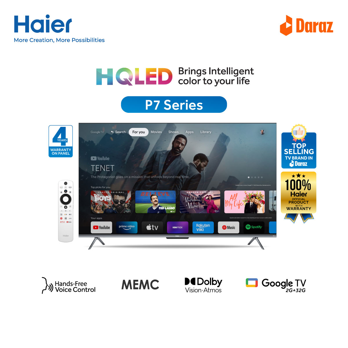 Haier 75" HQLED Google TV (H75P7UX) with 2 GB DDR3 RAM/32 GB Storage