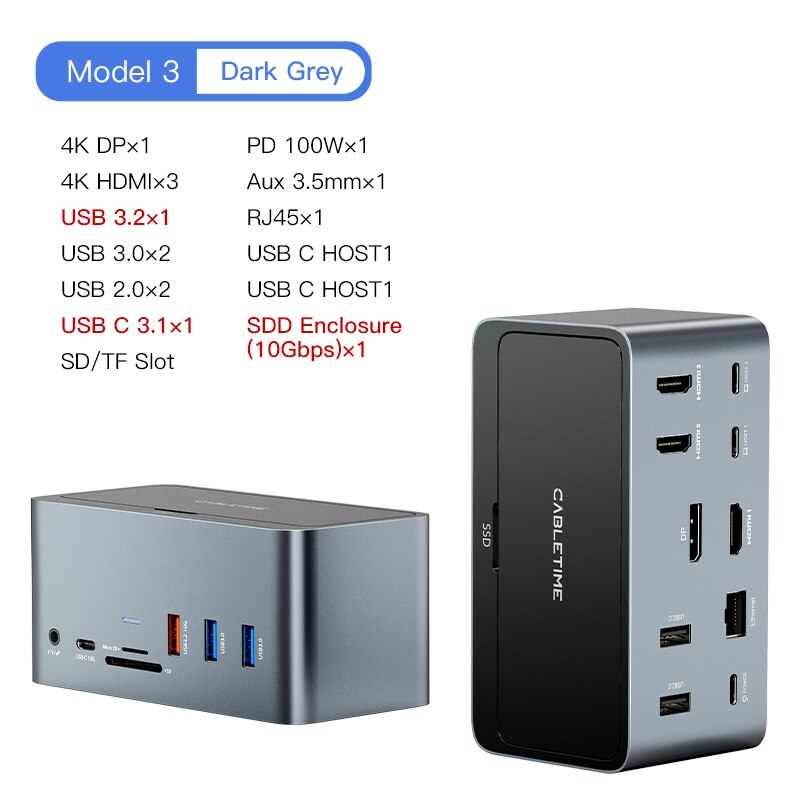 CABLETIME USB Docking Station HUB USB C to 4K HDMI DP RJ45 1000Mbps PD 100W USB3.0 for MacOS Windows Tablet Dock Station C419. 