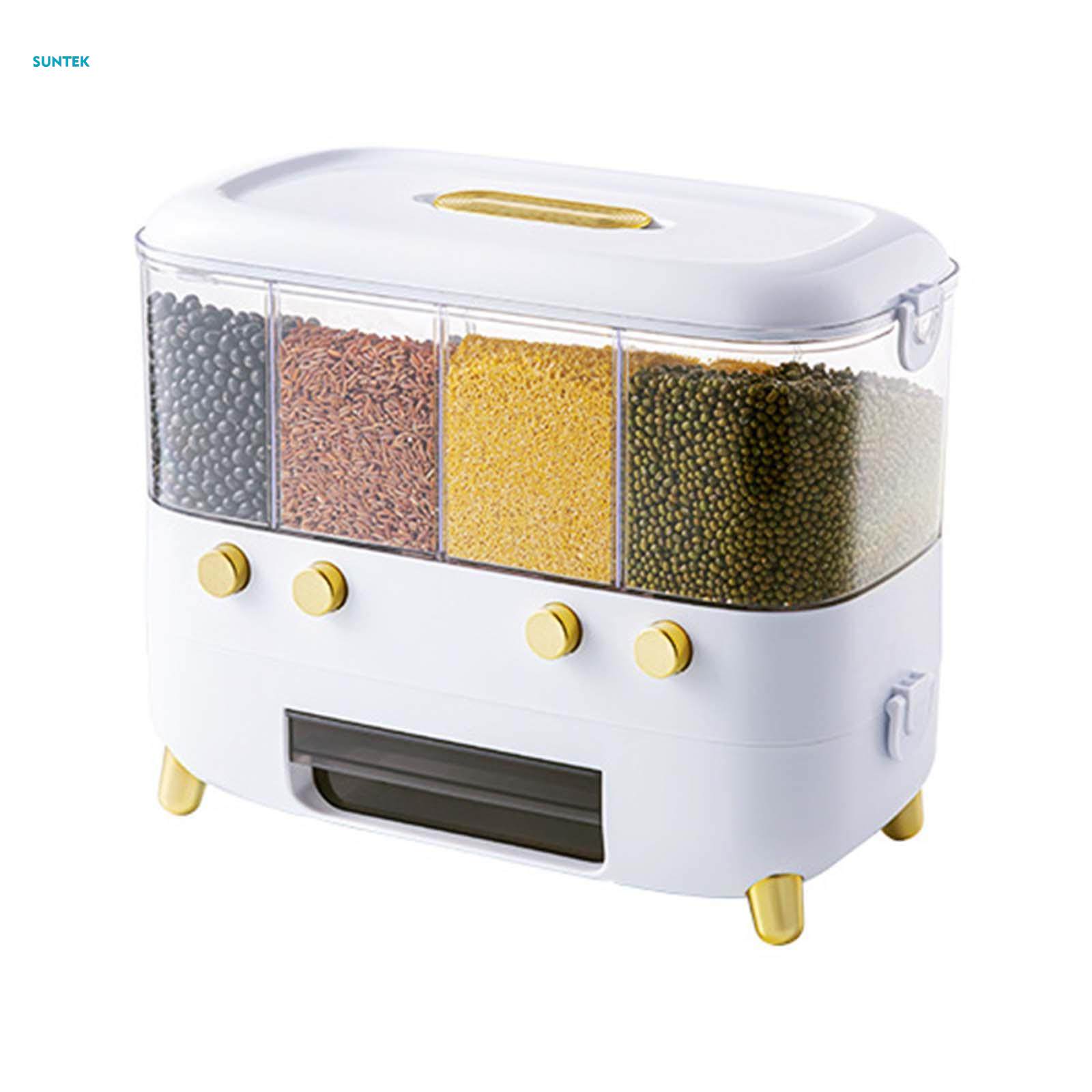 Dispenser Rice Container 4 Grid for Soy, Corn, Rice, Red. 