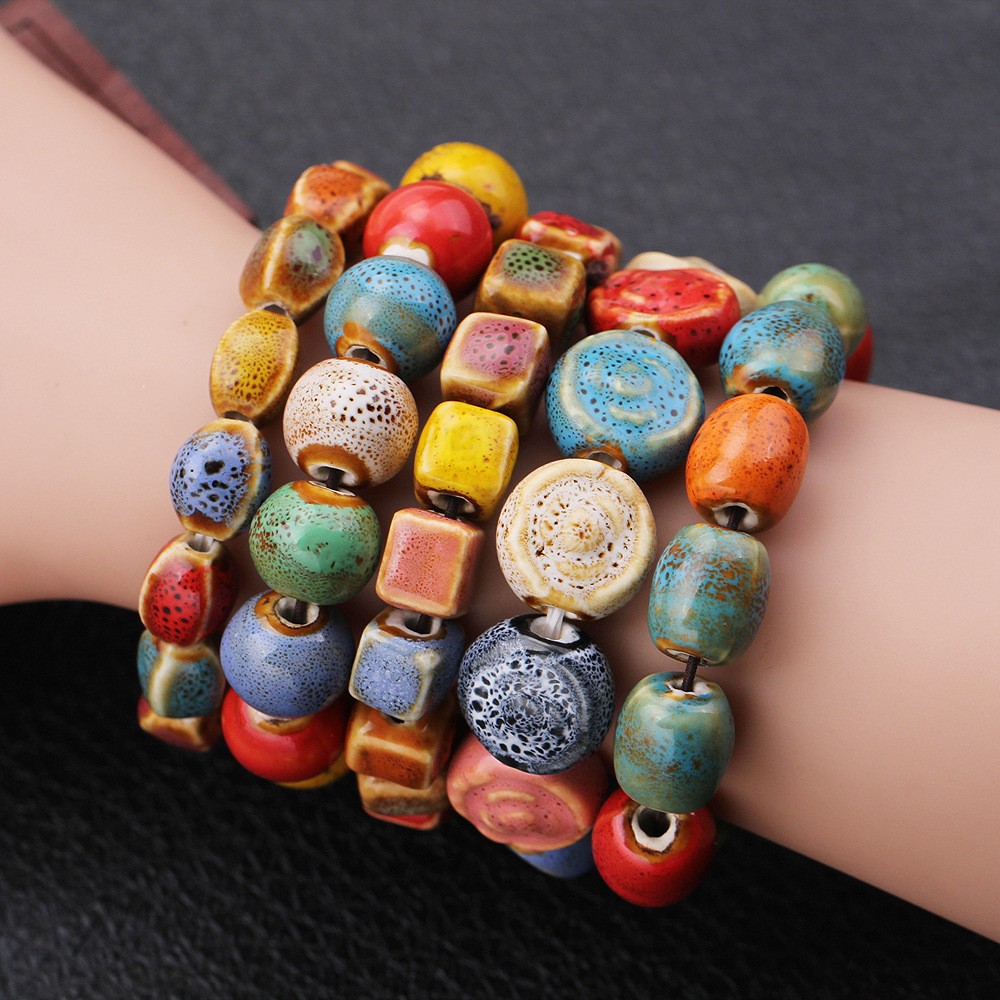 Ethnic style porcelain jewelry colorful handmade porcelain beads elastic bracelet retro fashion simple bracelet factory direct sales. 