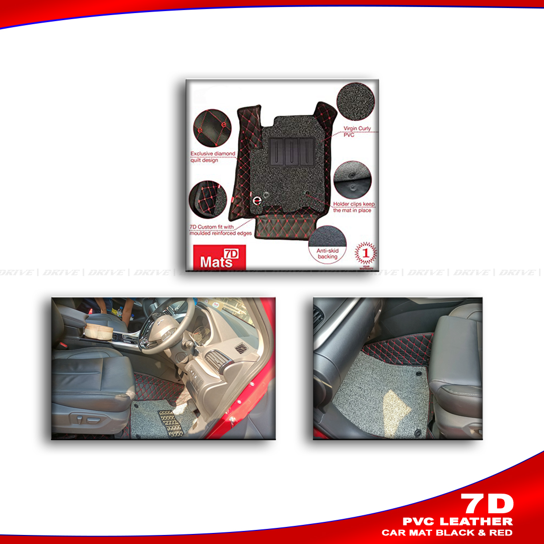 PVC LEATHER 7D CAR MAT , 7D Car Mats For 5 SeateR Luxurious car mats -BLACK & RED. 