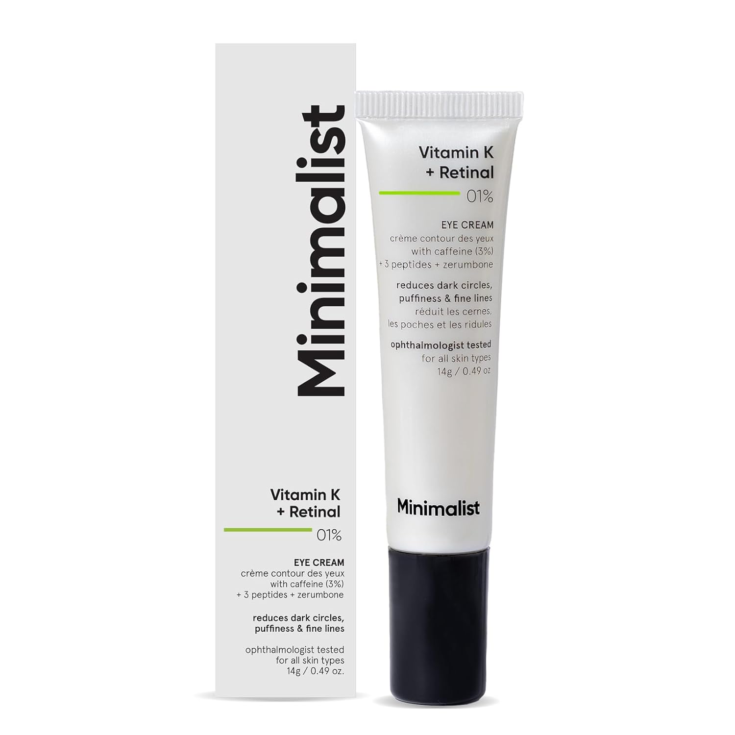 Minimalist Vitamin K + Retinal 01% Under Eye Cream | Reduces Dark Circles, Wrinkles & Fine Lines | With Caffeine for Puffiness | For Women & Men | 14 gm
