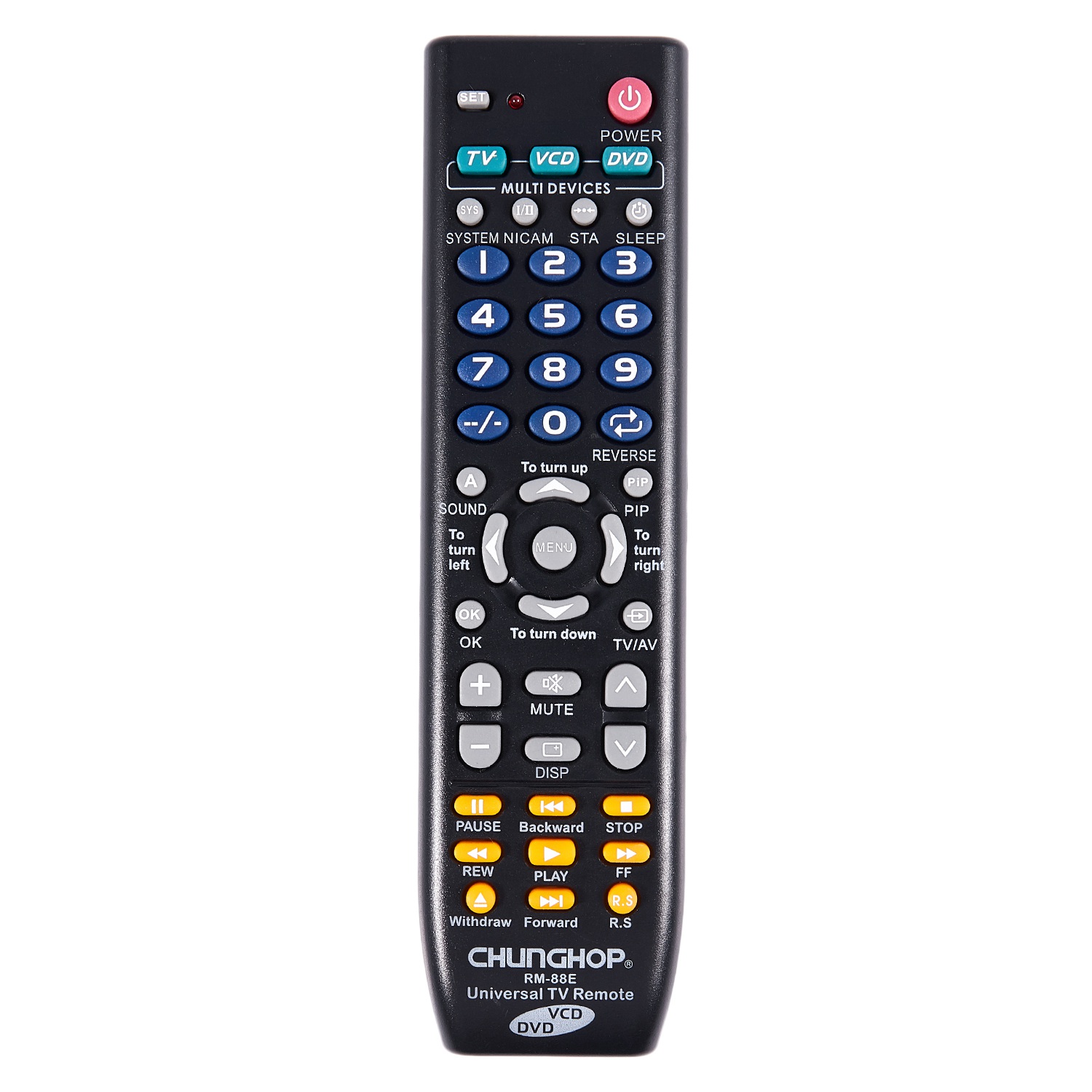CHUNGHOP Universal Remote Control 1PCS RM-88E TV/VCD/DVD 3 in 1 USE FOR SONY SAMSUNG TOSHIBA PANASONIC SANYO SHARP LG AIWA 3D SMART TV. 