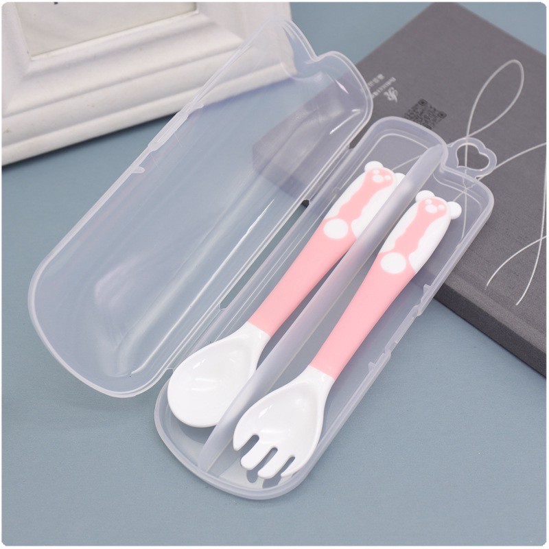 2 pcs/set silicone twisted and bent fork and spoon easy to use baby eating flexible with box. 